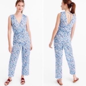 J. CREW Cotton Lightweight Sleeveless Jumpsuit XS Blue White Fern Print Vacation